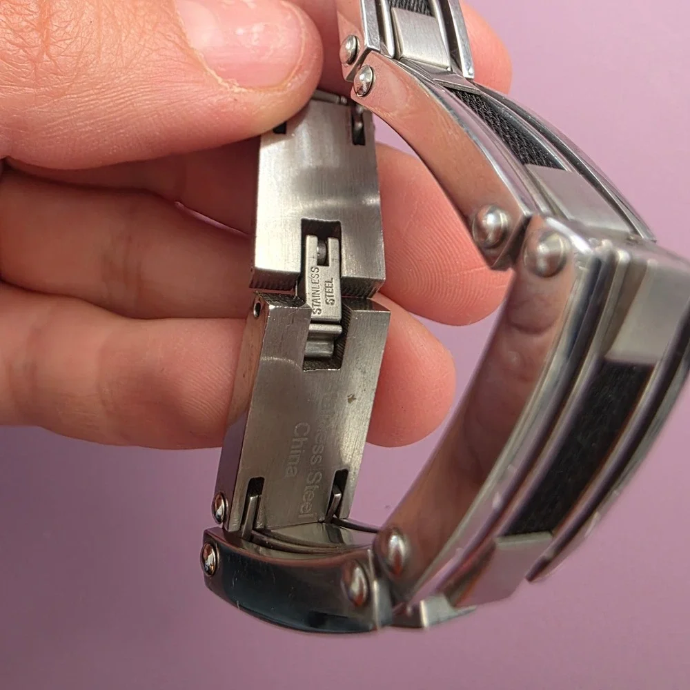 Mens Stainless Steel Black Cable Inset Link Bracelet Silver Tone Industrial Styl
